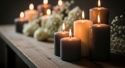 Lit candles with flowers on wooden surface for memorial