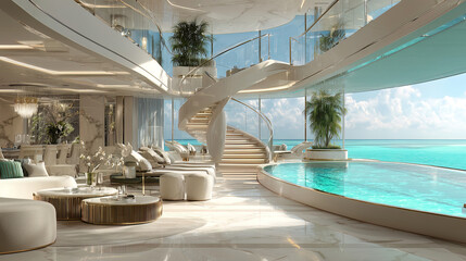 Ultra-luxury yacht interior with infinity pool, spiral staircase and panoramic ocean views in modern design, Opulent superyacht lounge featuring curved pool, elegant furnishings and floor-to-ceiling