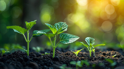 Young green seedlings sprouting from nutrient-rich soil under warm sunlight, natural bokeh background, and detailed realistic plant textures with open copy space above