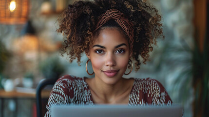 Young latin or middle eastern professional woman sitting at desk in tech-forward