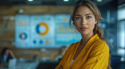 Young professional female analyst presenting in front of a large interactive board with charts and data visuals