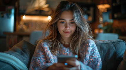 Young woman in casual attire sitting on a couch using a smartphone to chat with an AI chatbot interface.