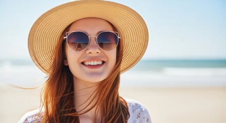 Fototapeta premium Happy woman in sunhat and sunglasses smiling at the beach