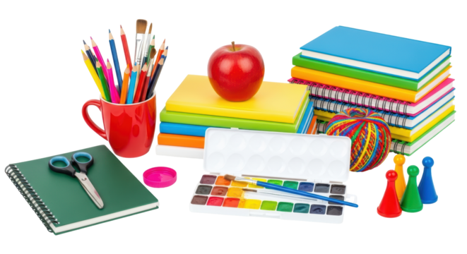 Isolated Back to School Supplies with Apple, Notebook, Pencils and Paints for Arts and Crafts