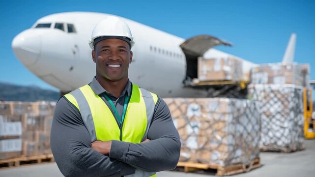 A safety-vested man in a hard hat supervises logistics on the tarmac as workers load crates into a cargo plane.