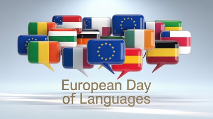 Vibrant speech bubbles and flags celebrate European Day of Languages.