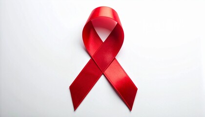 High resolution close-up of a red silk awareness ribbon on a clean white background. Perfect for World AIDS Day campaigns, HIV awareness, healthcare, and solidarity concepts.