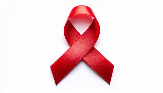 High resolution close-up of a red silk awareness ribbon on a clean white background. Perfect for World AIDS Day campaigns, HIV awareness, healthcare, and solidarity concepts.