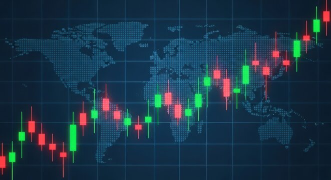 Global stock market trends analysis candlestick chart superimposed on world map