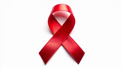 High resolution close-up of a red silk awareness ribbon on a clean white background. Perfect for World AIDS Day campaigns, HIV awareness, healthcare, and solidarity concepts.