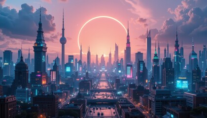 Fototapeta premium A glowing ring above a futuristic city at sunset.