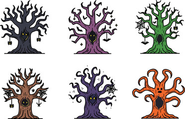 Colorful Halloween Spooky Tree Icon Pack: Set of 6 Different Gnarled and Twisted Tree Illustrations on a White Background