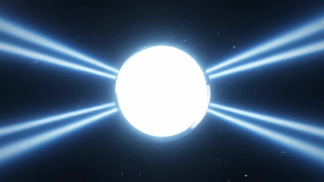 Fusion Energy Shockwave - A glowing sphere is compressed by four beams of bright blue light in a dark space. This abstract video represents the powerful energy release during a fusion reaction.