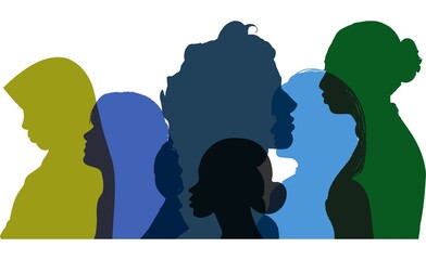  Group people diversity. Silhouette profile of men women children teenagers elderly. Various people of different ages. Abstract group of crowded colorful people illustration.