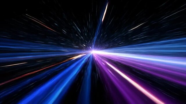 Abstract warp speed light motion with glowing streaks in space