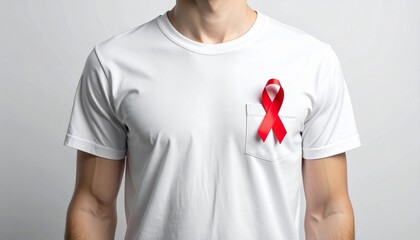Minimal mockup of a plain white T-shirt with a red ribbon pinned on the chest. Clean studio background, perfect for fundraising and awareness campaigns.