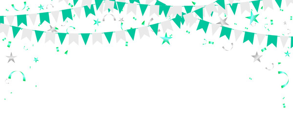 Paper flag garlands and falling confetti isolated ornament background for event, birthday party, festival and anniversary