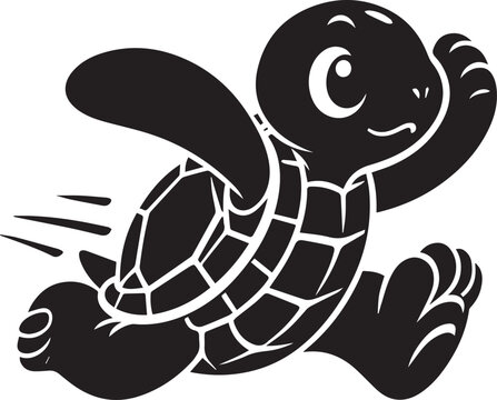 Cute cartoon turtle running fast with flippers out happy goofy smile and speed lines