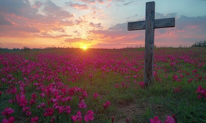 Wooden cross in a field of vibrant pink flowers at sunset
