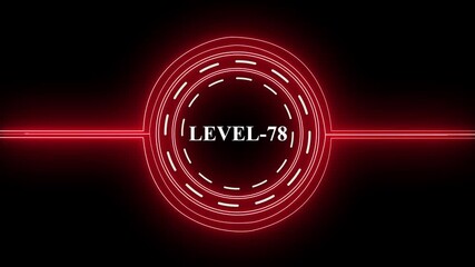 Level 78 text font animation. Level Up text sign. letters spelling out level Up appear on black screen display animation.