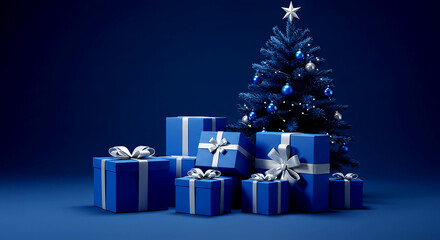 Christmas Tree and Presents on Blue Background