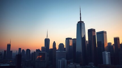 Fototapeta premium An ultra-realistic, professional photograph of a city skyline at dawn, 8k resolution, showcasing towering skyscrapers and a warm, golden light illuminating the urban landscape