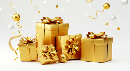 Golden Gift Boxes with Ribbons and Ornaments