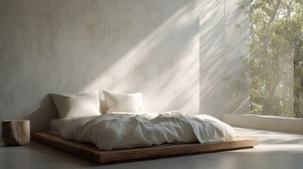 Sunlit minimalist bedroom with a rustic wooden platform bed and textured concrete walls.