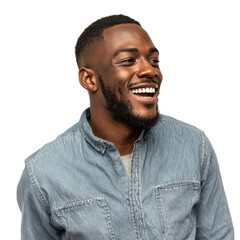 Obraz premium Smiling Sub-Saharan African man in denim shirt against transparent background