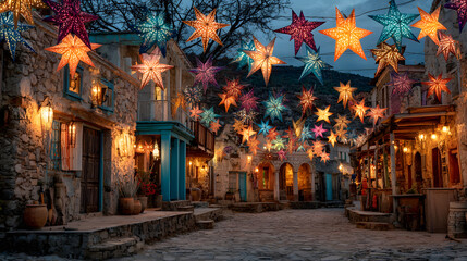 Posada navideña en un pueblo mexicano sobre la calle adornada con estrellas multicolores gente feliz celebrando entre los adornos brillantes, felices por la navidad mexicana