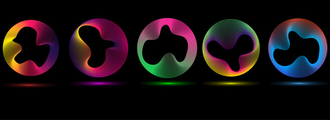 Vibrant Neon Circle Waves Set – Glowing Multicolor Spectrum Rings & Futuristic Light Frames on Black Tech Background. Glowing neon circles with dynamic wave lines.