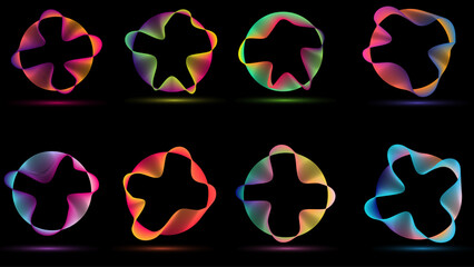 Vibrant Neon Circle Waves Set – Glowing Multicolor Spectrum Rings & Futuristic Light Frames on Black Tech Background. Glowing neon circles with dynamic wave lines.