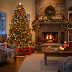 Cozy Living Room Decorated for Christmas with Tree and Fireplace