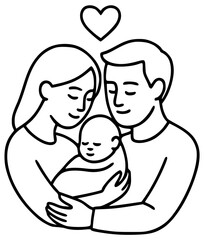 A family with a baby in their arms and a heart