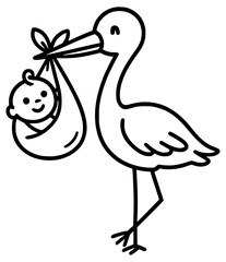 An illustration of a stork holding a small child