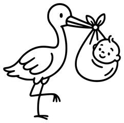 An illustration of a stork holding a baby in a swaddling cloth