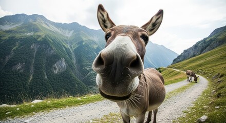 Close up of a curious donkey on a mountain path with a second donkey in the background