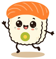 Illustration of salmon sushi with top view, smiling, jumping