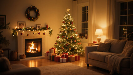Cozy Living Room Decorated for Christmas with Tree and Fireplace