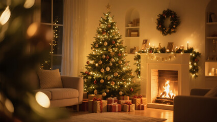 Cozy Living Room Decorated for Christmas with Tree and Fireplace
