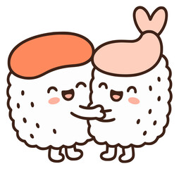 Sushi rolls with shrimp and salmon hug like friends