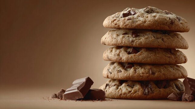 A stack of chocolate chip cookies with a piece of chocolate on the bottom