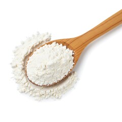 Pile flour white in isolated background. on spoon wooden Flat Top view. lay of  Wheat