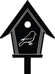 Black and White Birdhouse Silhouette with Bird Perched Inside for Design on white background