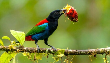 Vibrant bird eating fruit in a jungle setting