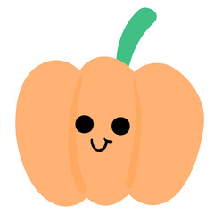 A cartoon pumpkin with a green stem and a smiley face. The pumpkin is orange and has a green stem