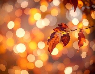 Close-up of autumn leaves on a branch with a blurred background of warm bokeh lights.