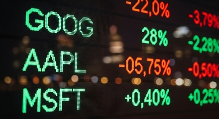 Stock market data display with company symbols and percentage changes.