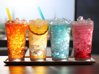 Frosted glasses with vibrant cold cocktails and drinks