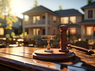 Real estate auction scene with a gavel in front of a blurred house